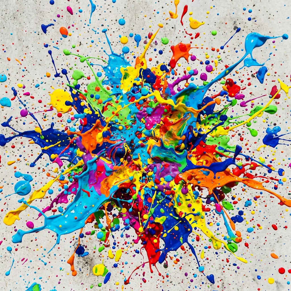Multicolored paint splattered and splashed against gray surface